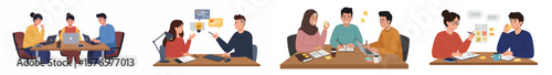 Illustration of four collaborative work scenarios in a professional office setting