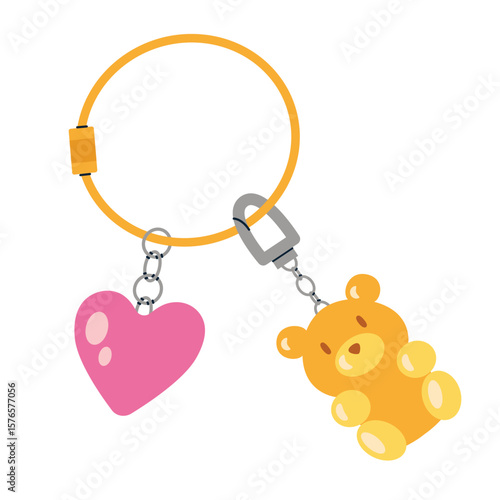 Cute keychain with heart and teddy bear charms, perfect for bags or keys. Trendy modern vector illustration isolated on white background, hand drawn, flat design