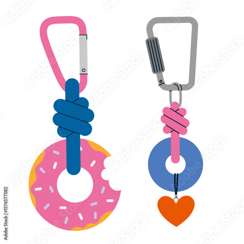 Stylish keychains with donut and heart charms on carabiners, perfect for bags or keys decoration. Trendy modern vector illustration isolated on white background, hand drawn, flat design