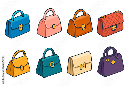 Isometric handbag collection: trendy fashion bags in various styles and colors