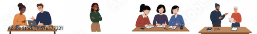 Illustration of four professional interactions in a modern office environment