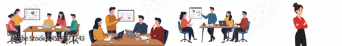 Professional illustration of collaborative office environments with diverse team interactions