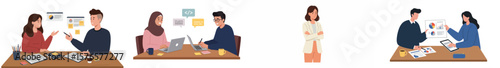 Illustration of four scenes of collaborative work in a professional office setting