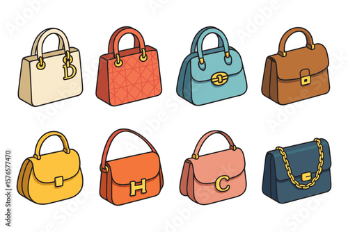 Stylish collection of women's handbags in colorful isometric design