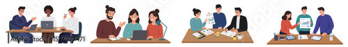 Illustration of a modern office environment with five scenes of collaborative work interactions