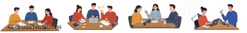 Illustration of collaborative work in a modern office setting with professionals working at desks and discussing around a table