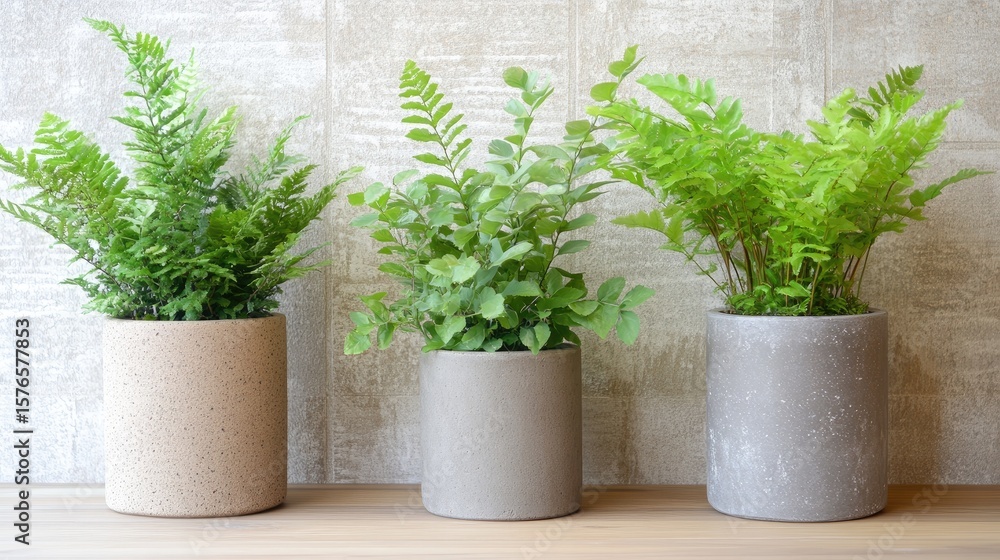 Fototapeta premium Potted ferns in decorative pots against light wall
