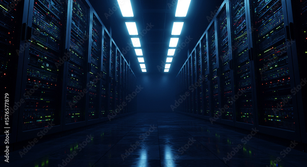 Fototapeta premium Data center servers glow in the dark, showcasing rows of computer racks with blinking lights, ideal for illustrating technology infrastructure, cloud computing, and data storage solutions.