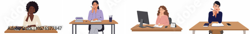 Four women working at wooden desks in a professional office environment