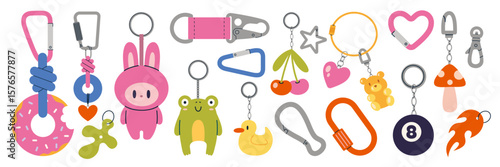 Trendy set of colorful cute keychains, toys, charms, carabiner and decorative bag accessories. Modern vector illustration isolated on white background, hand drawn, flat design
