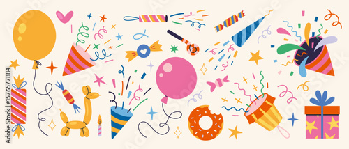 Festive party elements set, including balloons, confetti, poppers, candles, sweets and presents. Trendy modern vector illustration isolated on white background, hand drawn, flat design