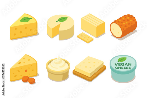 Variety of cheese and vegan alternatives in isometric style with decorative elements