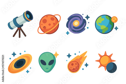 Colorful space icons featuring planets, telescope, alien, galaxy, and celestial phenomena