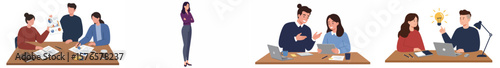 Illustration of a modern workplace with four scenes of collaborative interactions in a professional setting