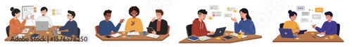 Illustration of four sequential scenes of collaborative work in a professional office environment