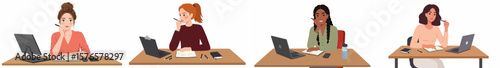 Four women working at wooden desks in a modern office environment