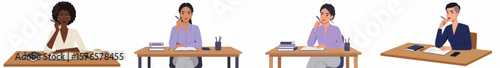 Four women working at wooden desks in a professional office setting