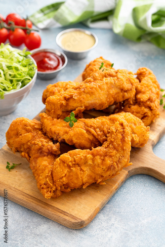Chicken tenders served on a wooden board with salad and sauces