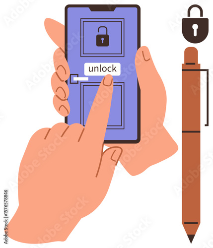 Wallpaper Mural Hands tapping unlock button on smartphone with padlock icon, symbolizing data security. Pen with padlock for authentication. Ideal for security, technology, privacy, data access, digital protection Torontodigital.ca