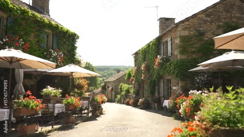 Sunlit street scene featuring outdoor dining area with umbrellas and flower decorations on buildings