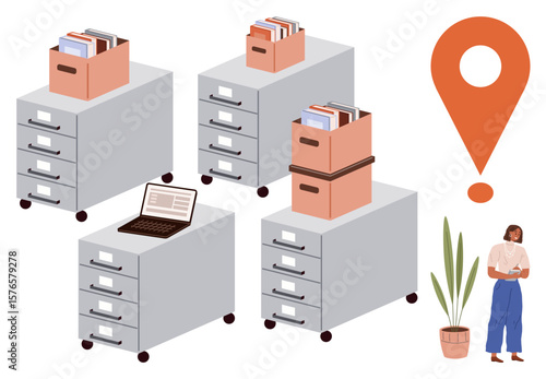 Filing cabinets with documents, stacked storage boxes, a laptop, a potted plant, a location pin, and a calm professional. Ideal for office organization, productivity, logistics teamwork data
