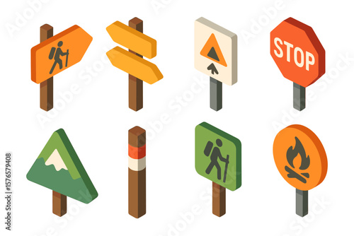 Isometric hiking and camping signs collection for outdoor adventures