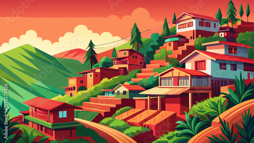 Antananarivo, Madagascar – Hillside homes in warm reds overlook rice paddies and stone streets. Terraces bloom with tropical greens, offering texture and charm for vector-rich compositions.