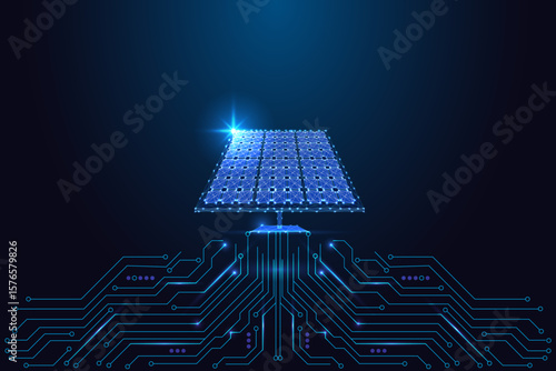 Futuristic digital solar panel on circuit board representing AI-powered clean energy, sustainability