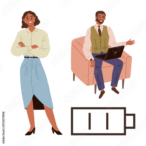 Two coworkers interacting one standing confidently, one seated with a laptop. Low battery icon symbolizes energy, focus, or motivation depletion. Ideal for teamwork, workplace, productivity, burnout