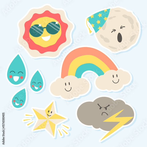 weather and celestial body stickers, sun, moon, stars, rainbow, cloud with lightning and rain in cute style with faces