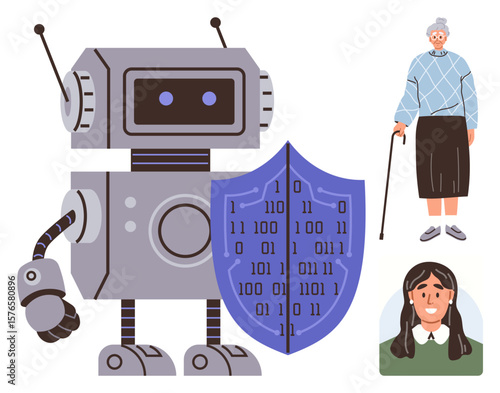 Robot holding shield imprinted with binary codes, representing data protection for people of all ages. Ideal for cybersecurity, AI ethics, elder care, personal safety, tech accessibility, innovation