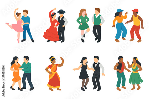 Diverse dance couples in vibrant costumes and styles
