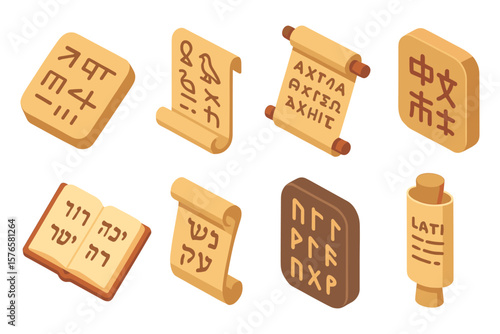 Ancient script collection with isometric tablets and scrolls