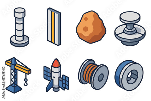 Isometric icons set featuring space, construction, and industrial elements in flat design