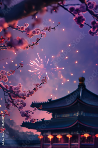 Cherry blossoms with traditional chinese architecture during happy Hanukkah holiday celebration. Festive landscape at twilight.