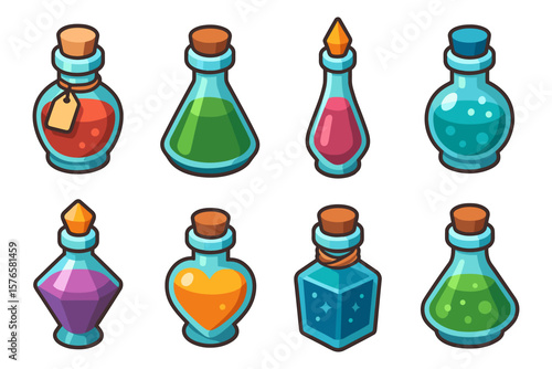 Colorful potion bottles collection with cork stoppers and unique shapes