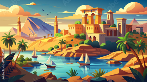 Aswan, Egypt – Sandstone temples and feluccas float gently down the Nile. Palms and desert mountains form a calm, ancient backdrop under the blazing sun.