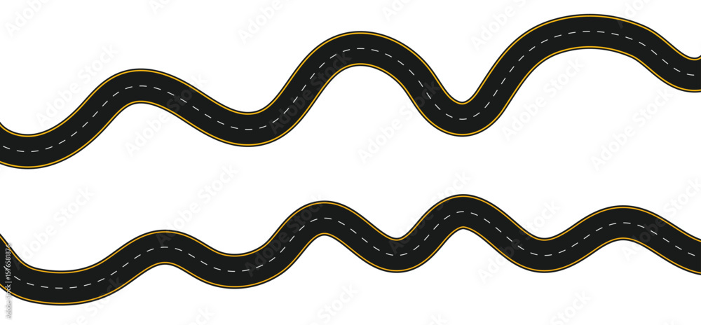 Fototapeta premium Illustration of a long, winding, and curved road, viewed from above and isolated from the background. Vector eps10 