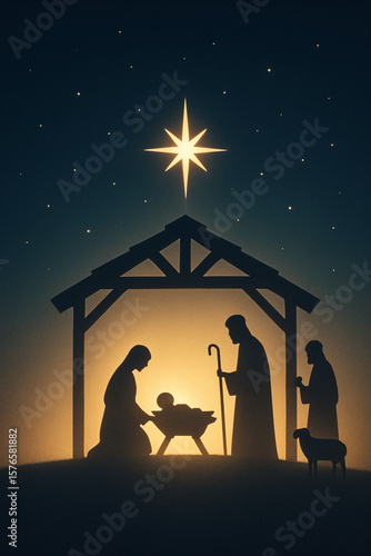 Minimalist nativity silhouette with Mary, Joseph and baby Jesus under glowing star – Peaceful Christmas night