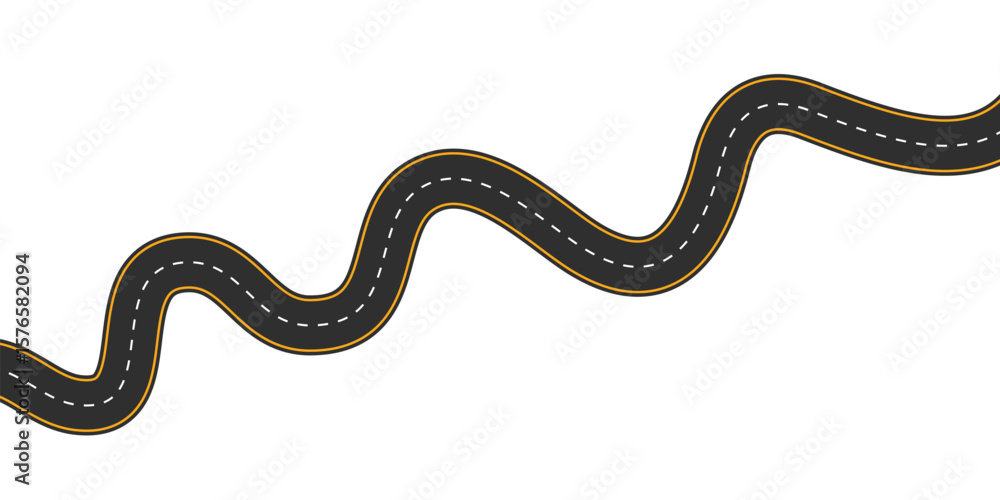 Obraz premium A long, winding, and curved road viewed from above, isolated from the background, illustrated. Vector eps10