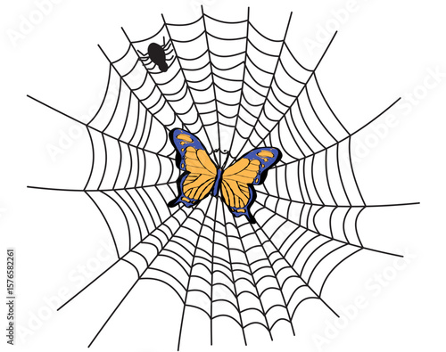 A colorful cartoon vector illustration of a butterfly caught in a spider web with a spider approaching. Depicts nature’s predator-prey interaction with insects