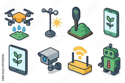 Smart technology icons set featuring drone, sensor, and robot in isometric style