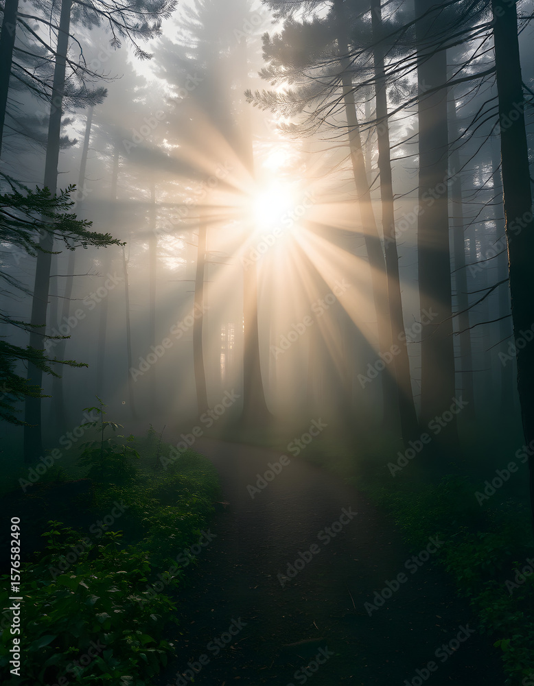 Obraz premium Sunlight Filtering Through Trees in Dense Forest