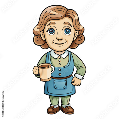 Cartoon elderly woman in apron holding a mug