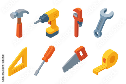 Isometric tools collection featuring hammer, drill, wrench, and more