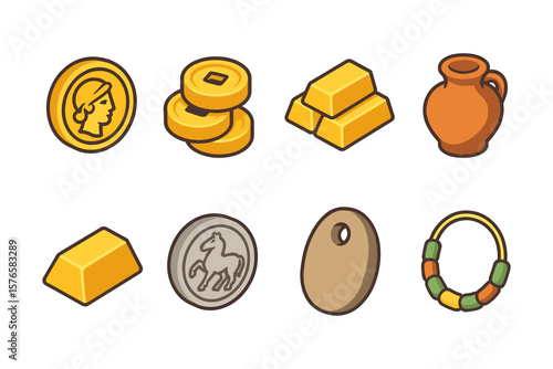 Ancient treasure icons: coins, bars, potteries, and ornaments in flat design
