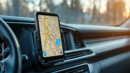 Smartphone mounted in a car's dashboard with navigation app displayed
