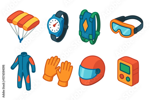 Colorful paragliding gear icon set: helmets, goggles, jumpsuits, and more