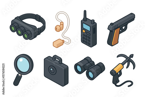 Isometric espionage equipment collection: gadgets and tools for covert operations