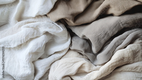 A minimalist arrangement of overlapping linen blankets in warm neutral tones